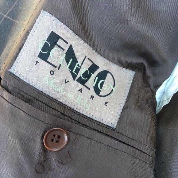 Brown Checkered Enzo Suit Virgin Wool 40R 30x30 Pant, Dress Shirt, Pocket Square - Picture 10 of 12